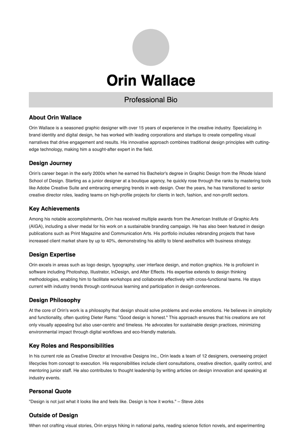 Professional bio document with black and white portrait and dual column layout_variant_1